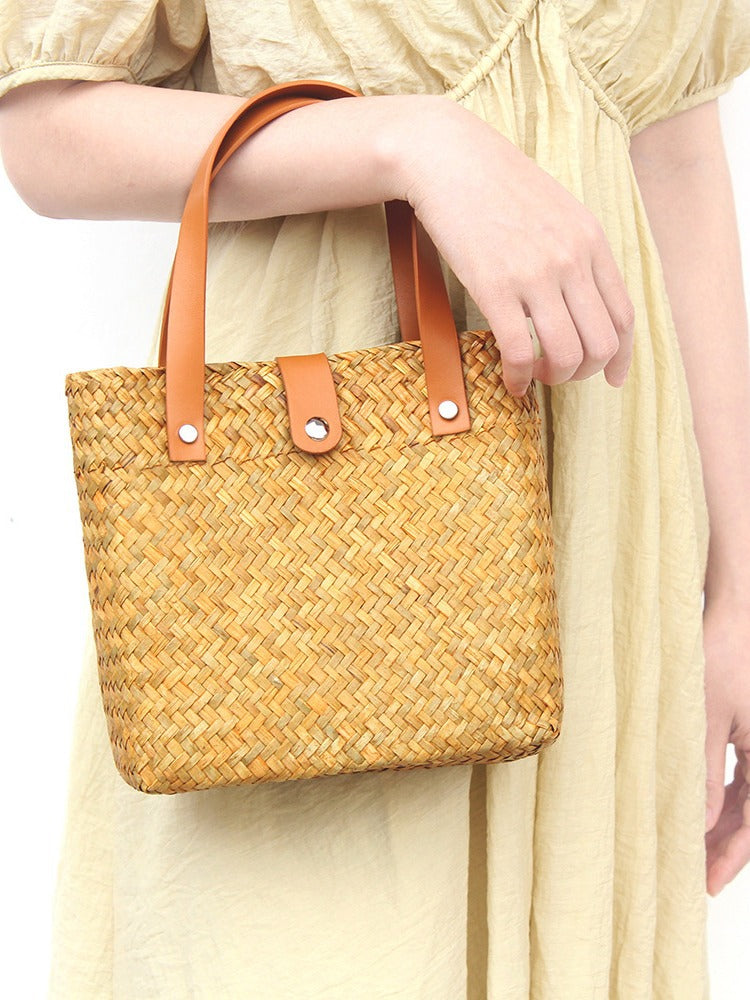 Nordic mini woven straw tote with leather handles