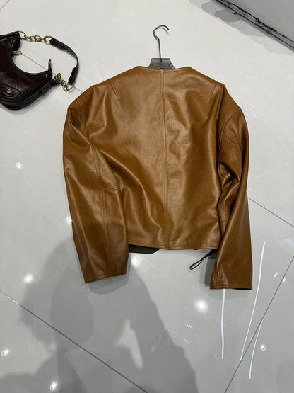 women leather jacket with round neck snap buttons