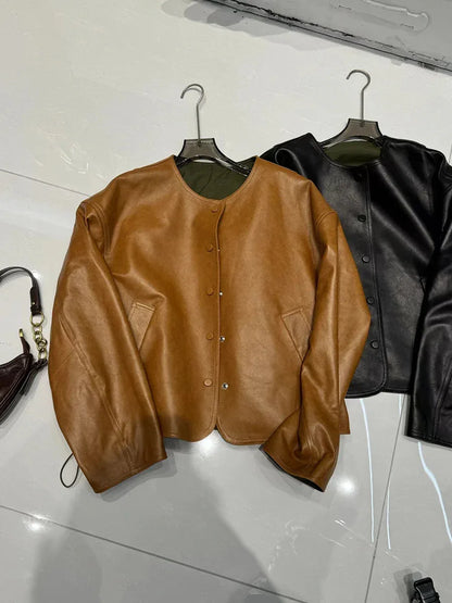 women leather jacket with round neck snap buttons