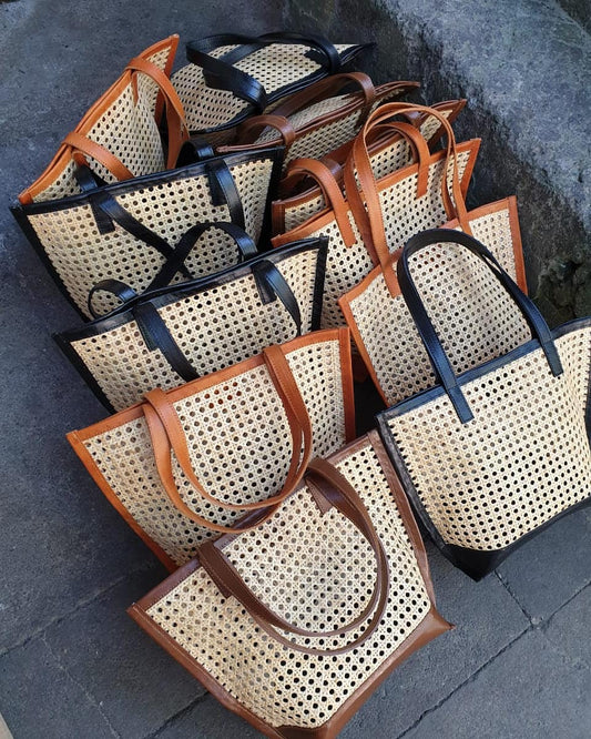 Natural Cane And Real Leather Tote Bag