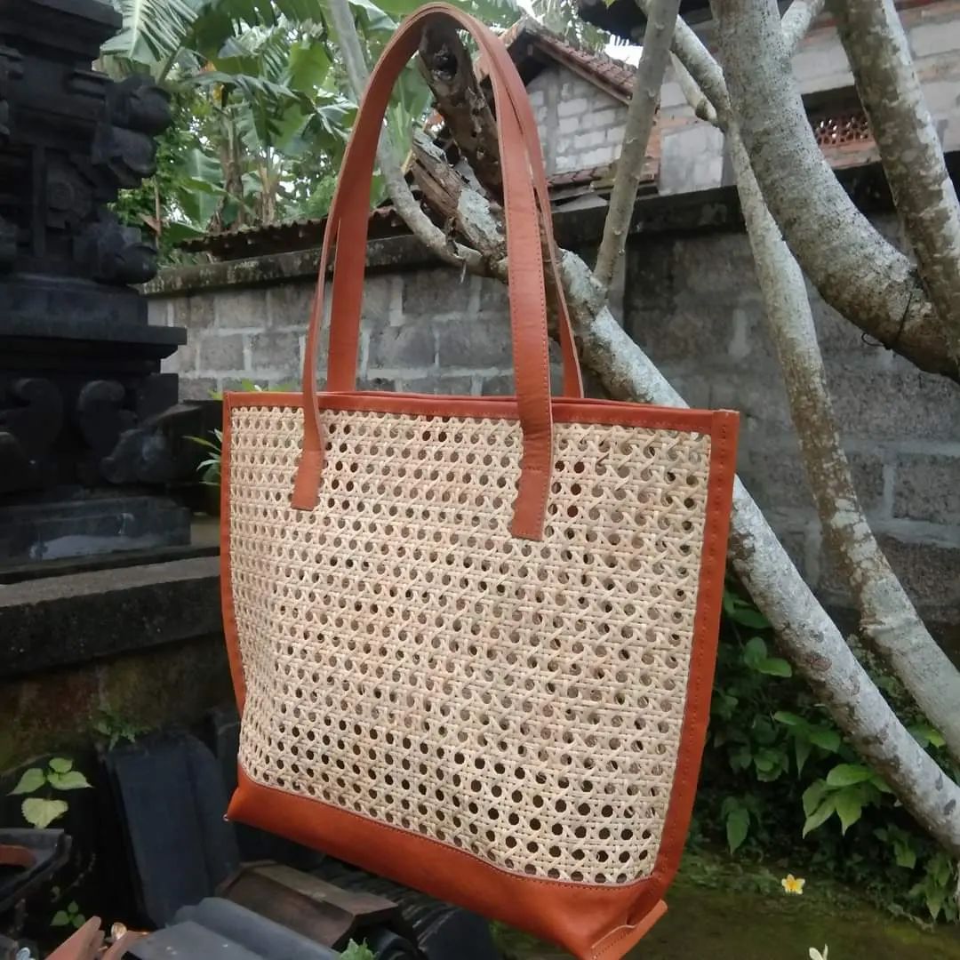 Natural Cane And Real Leather Tote Bag