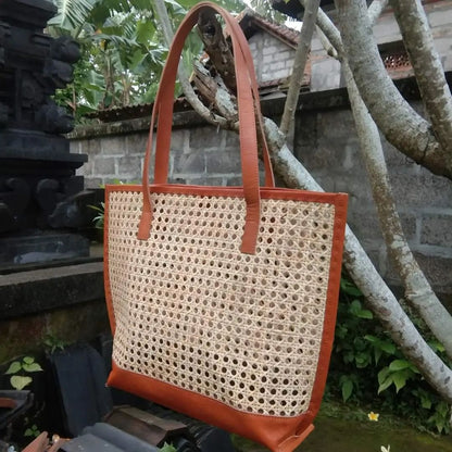 Natural Cane And Real Leather Tote Bag