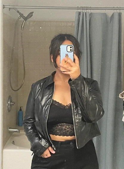 Cropped Faux Leather Jacket Women Black Casual Short Fit
