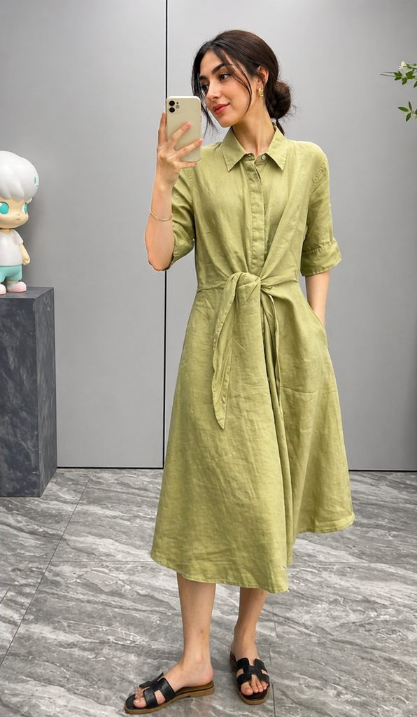linen midi dress with waist tie breathable summer 1 M
