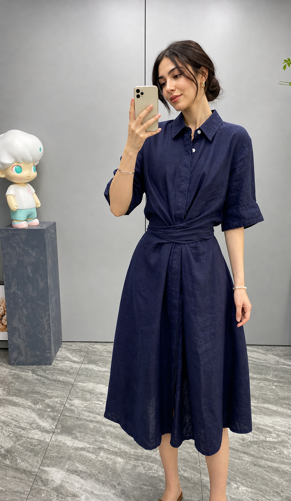 linen midi dress with waist tie breathable summer 2 M