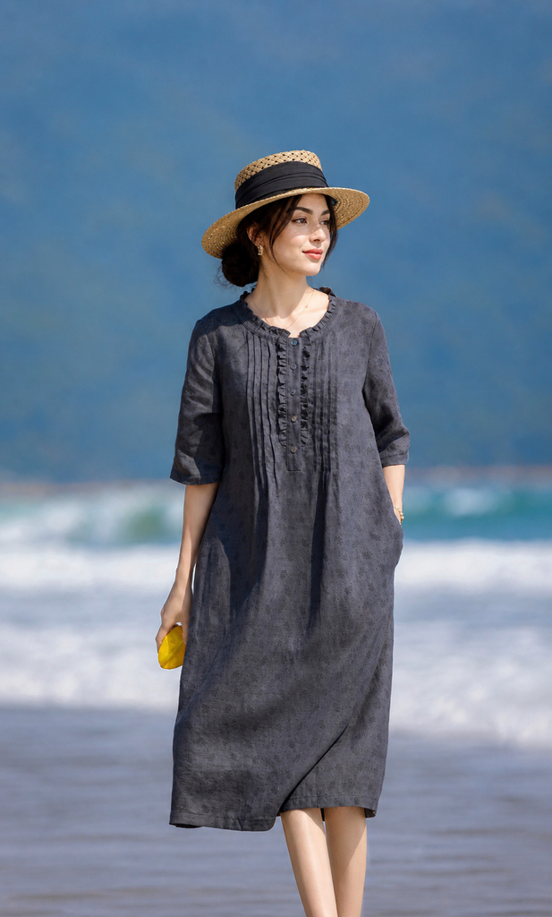 linen summer dress breathable loose fit beach midi casual wear