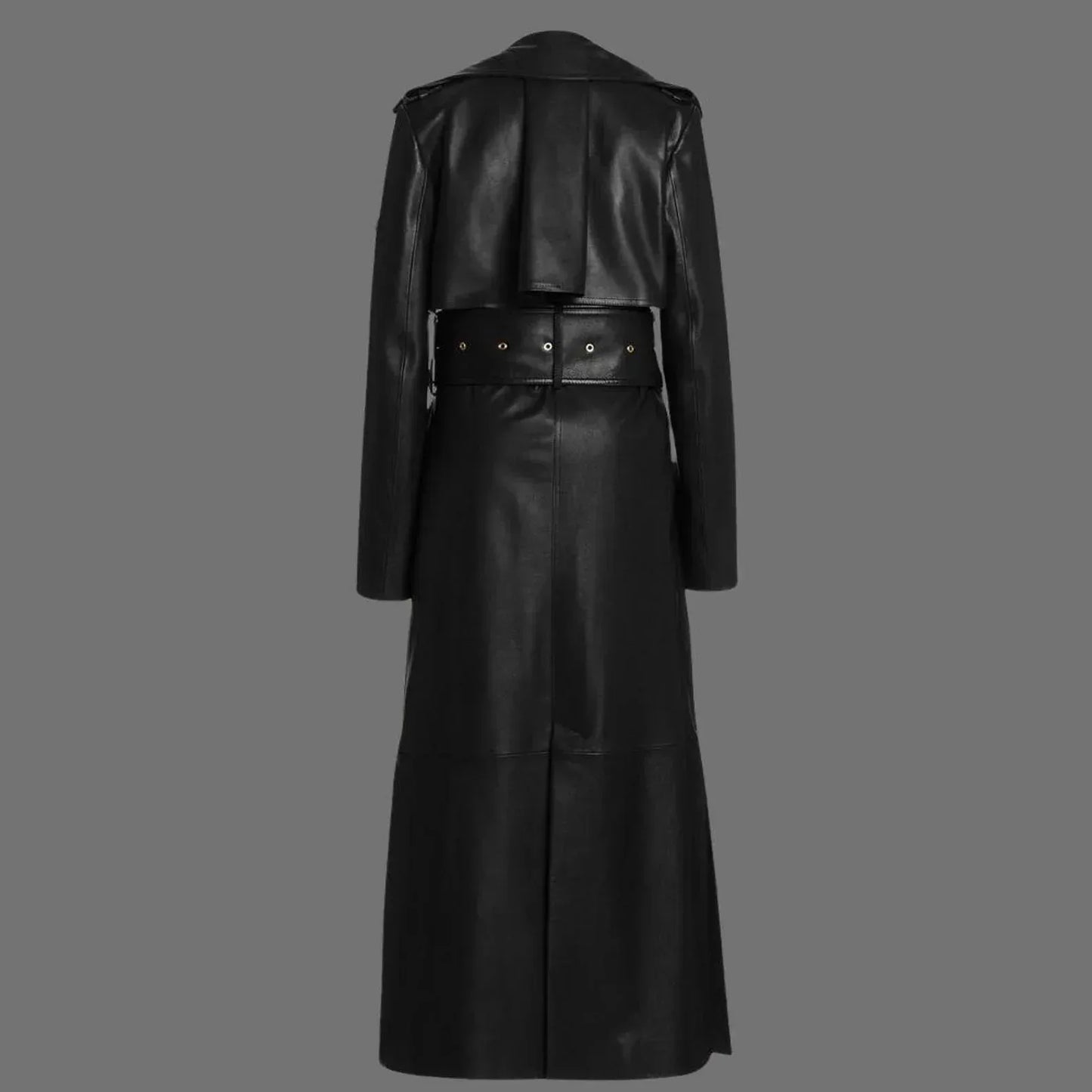 Black Leather Trench Coat Womens Long Belted Double Breasted