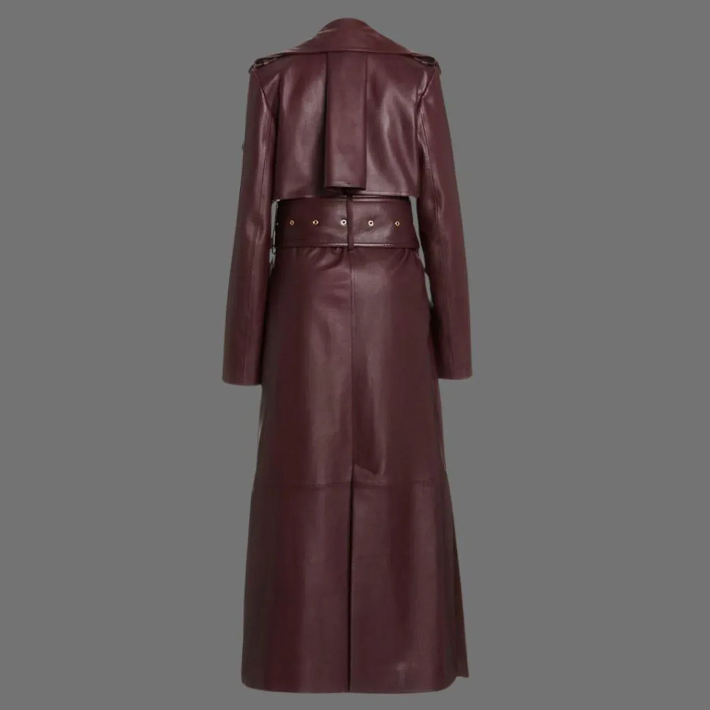 Burgundy Leather Trench Coat Womens Long Belted Coat
