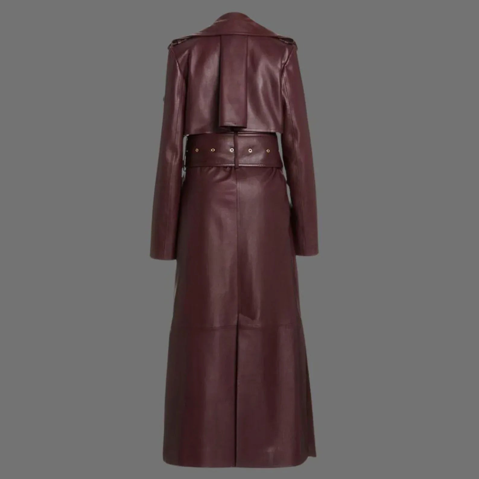 Burgundy Leather Trench Coat Womens Long Belted Coat