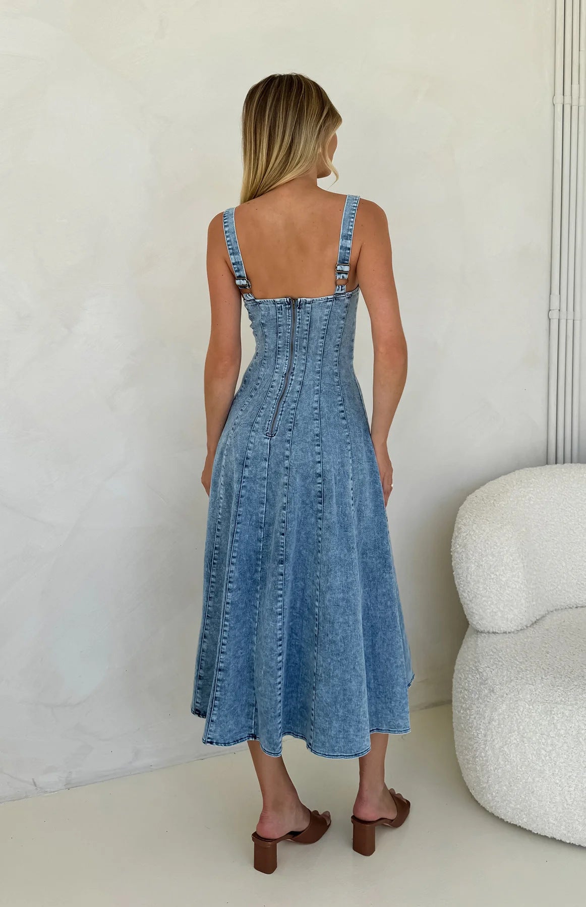 Panelled corset seam denim midi dress