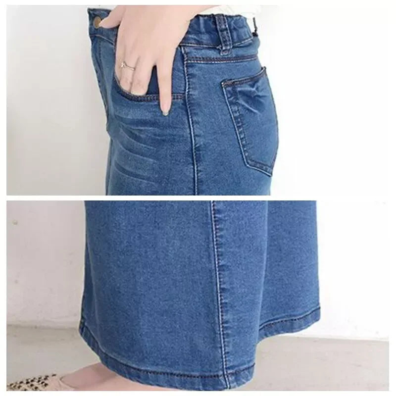 Blue High Waist Maxi Denim Skirt Without Slit