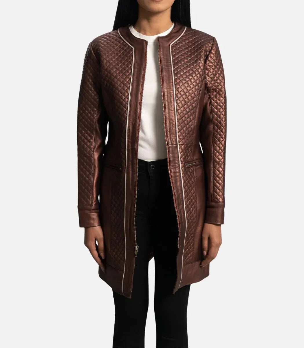 Womens Leather Long Coat Quilted Sheepskin Jacket With Zipper