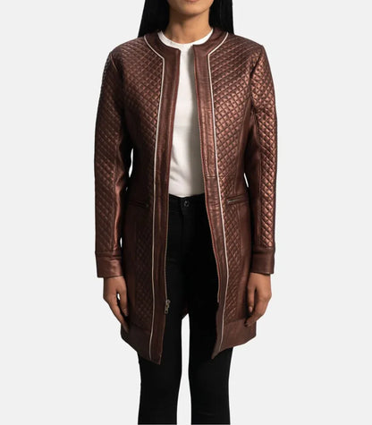 Womens Leather Long Coat Quilted Sheepskin Jacket With Zipper