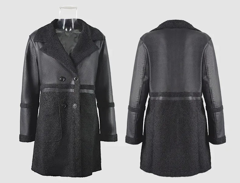 Faux Leather Coat Women Shearling Trim Mid Length Black