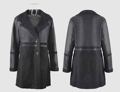 Faux Leather Coat Women Shearling Trim Mid Length Black