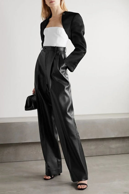 long leather pants women high waist floor length trousers
