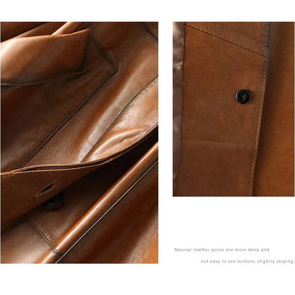 Brown Leather Trench Coat Womens Long Genuine Overcoat