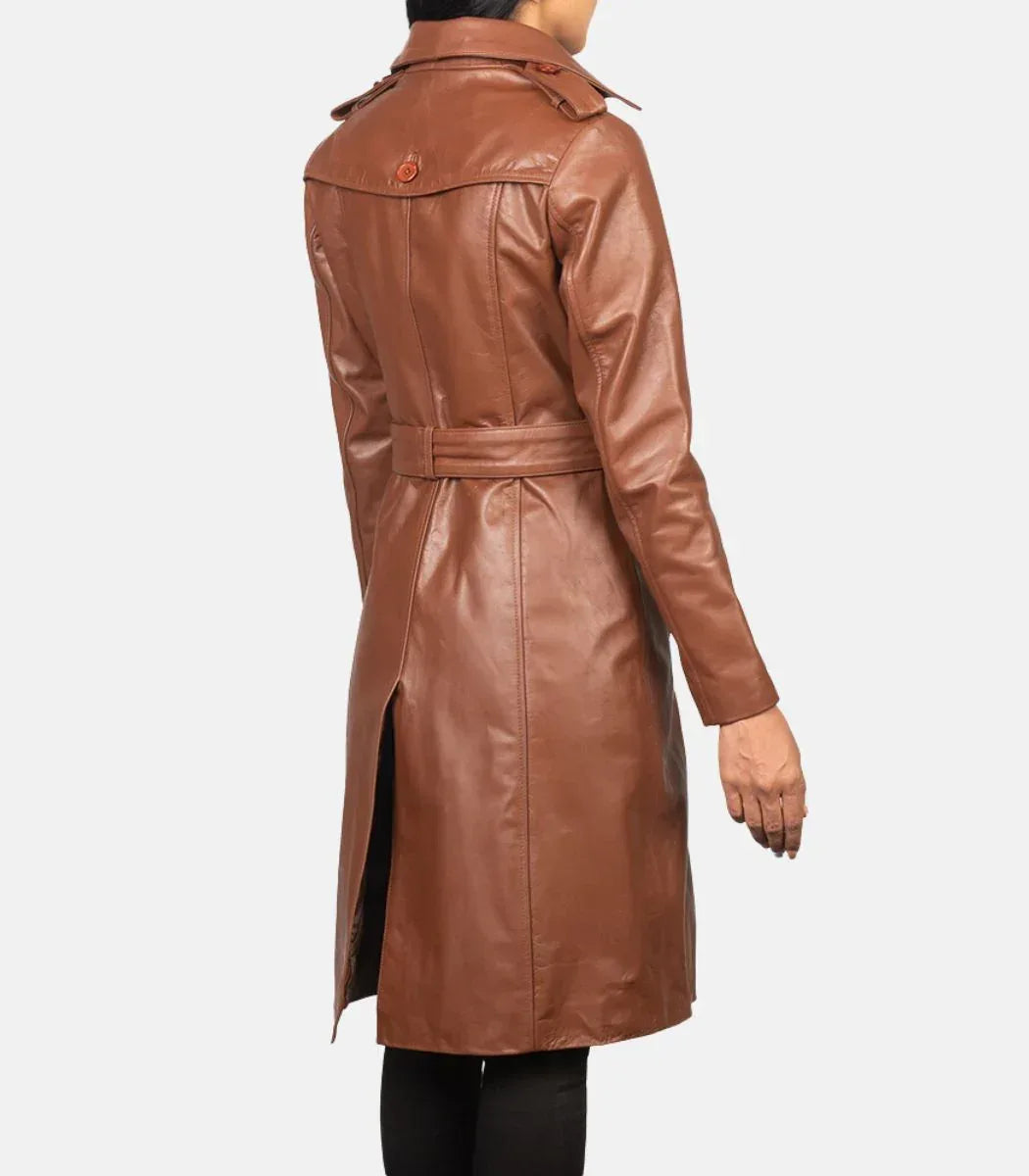 Brown Leather Trench Coat Womens Long Double Breasted Coat