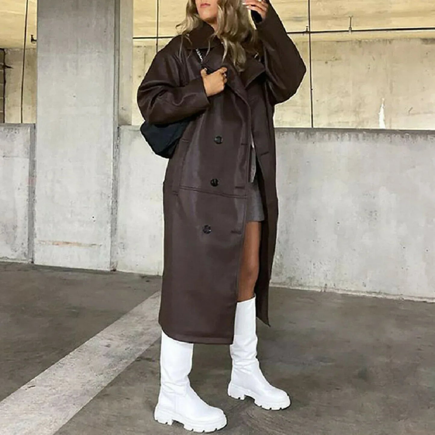 Womens Brown Leather Trench Coat Long Double Breasted