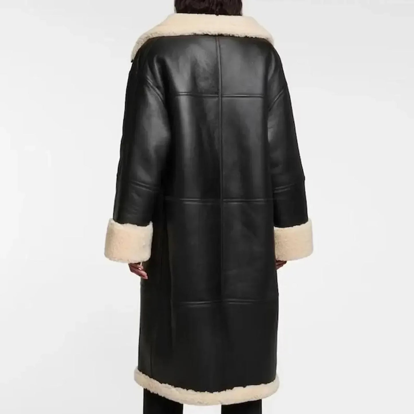 Leather Fur Trench Coat Womens Black Shearling Long Coat