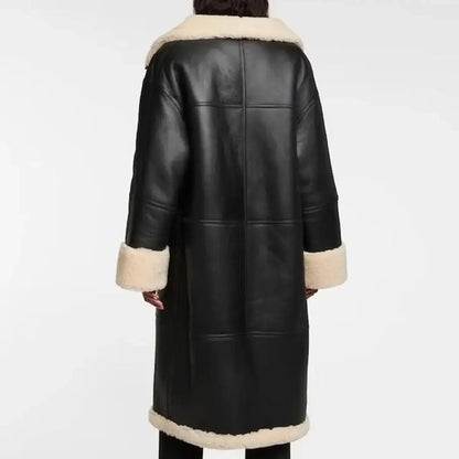 Leather Fur Trench Coat Womens Black Shearling Long Coat