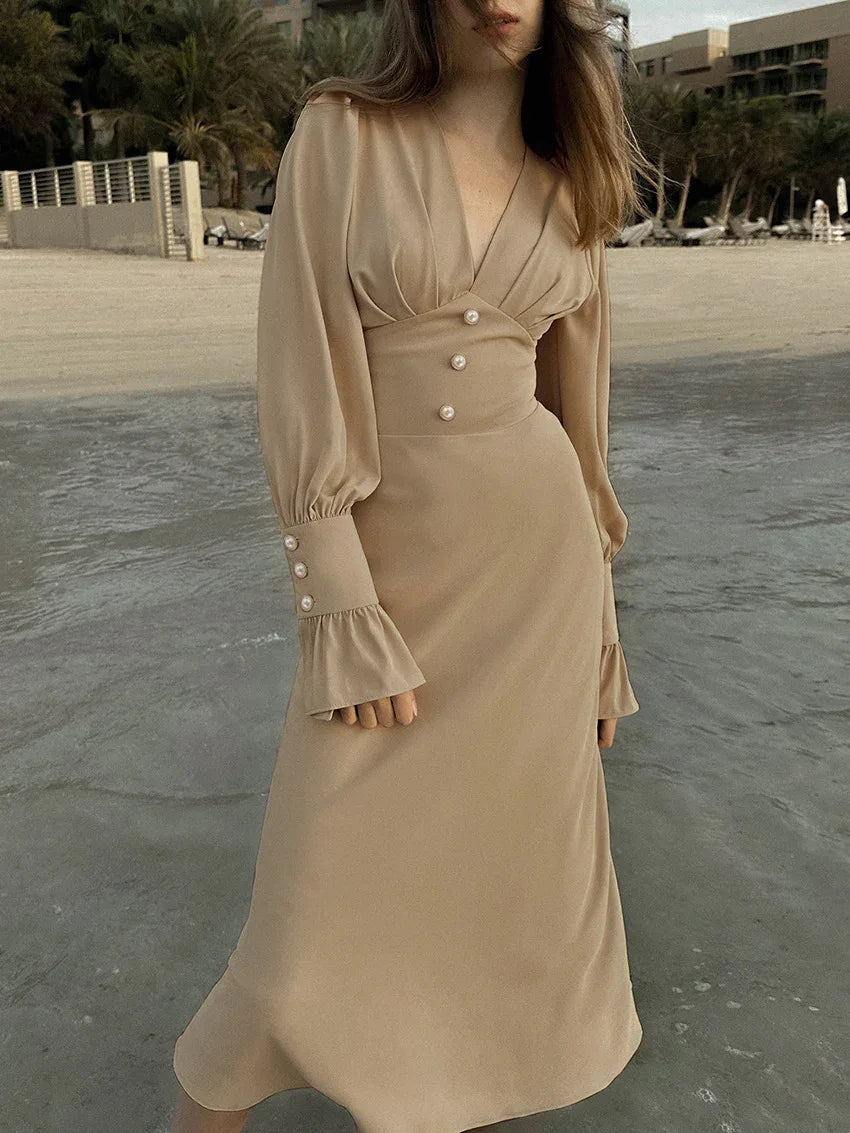 Baby Blue V Neck Long Sleeve Midi Dress