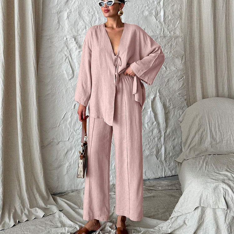 Loose cotton lounge cardigan trousers two piece set 2 S