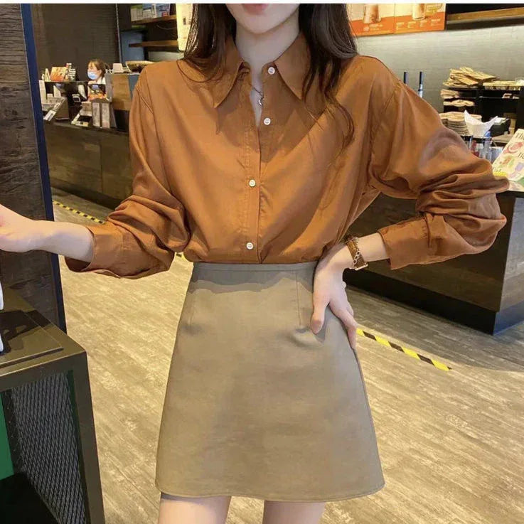 Oversized brown drop shoulder shirt women business casual button blouse