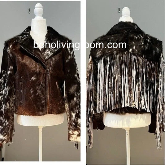 women cowhide leather coat with fringe