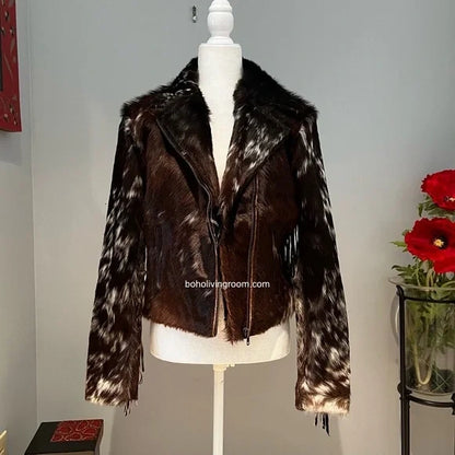 women cowhide leather coat with fringe