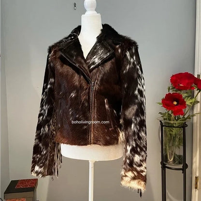 women cowhide leather coat with fringe