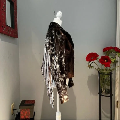 women cowhide leather coat with fringe