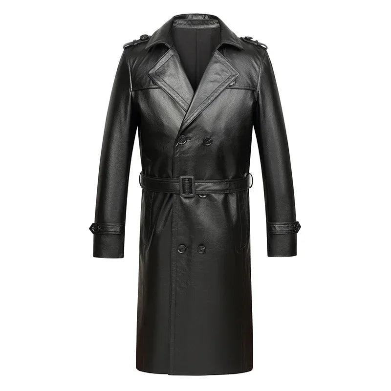 Men long cowhide leather trench coat