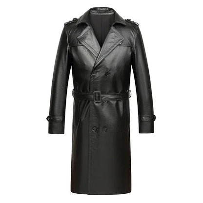 Men long cowhide leather trench coat