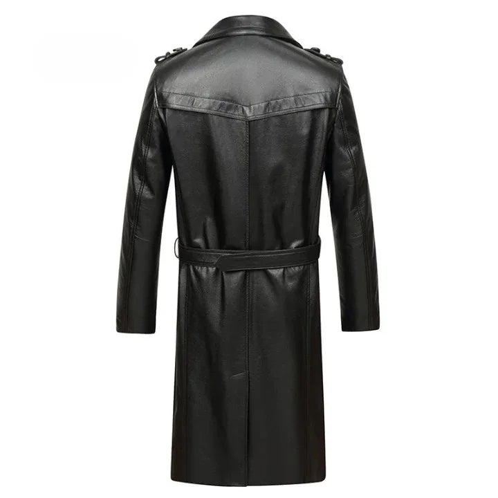 Men long cowhide leather trench coat