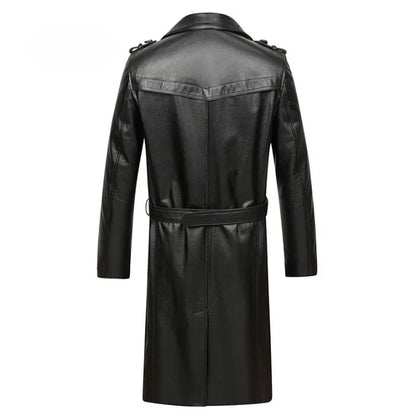 Men long cowhide leather trench coat
