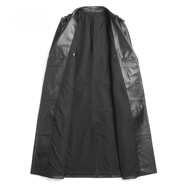 Men long cowhide leather trench coat
