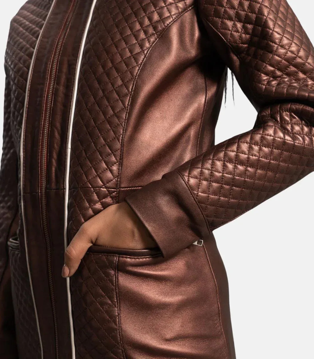 Womens Leather Long Coat Quilted Sheepskin Jacket With Zipper