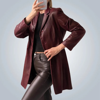 Burgundy Leather Trench Coat Womens Long Maroon Coat