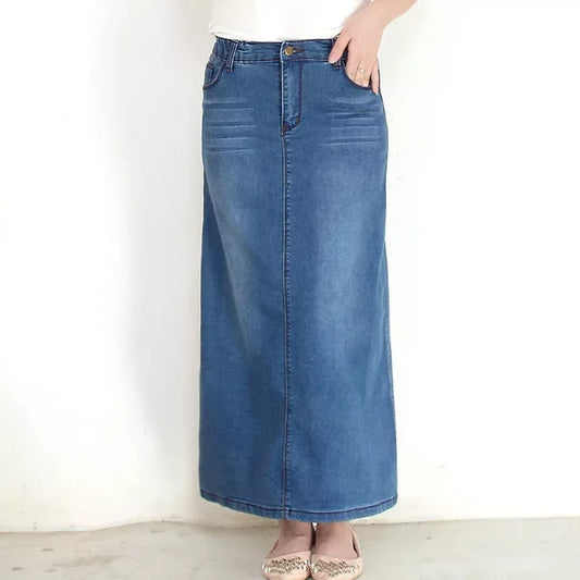 Blue High Waist Maxi Denim Skirt Without Slit