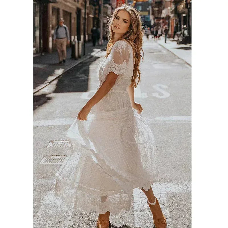 White Lace Maxi Dress with V Neck and Sheer Sleeves