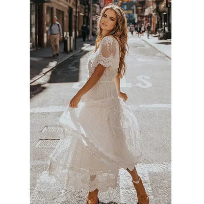 White Lace Maxi Dress with V Neck and Sheer Sleeves
