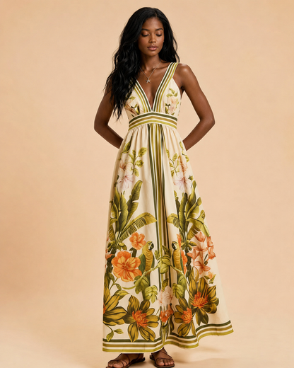 Printed V-Neck Maxi Dress With Ruched Back