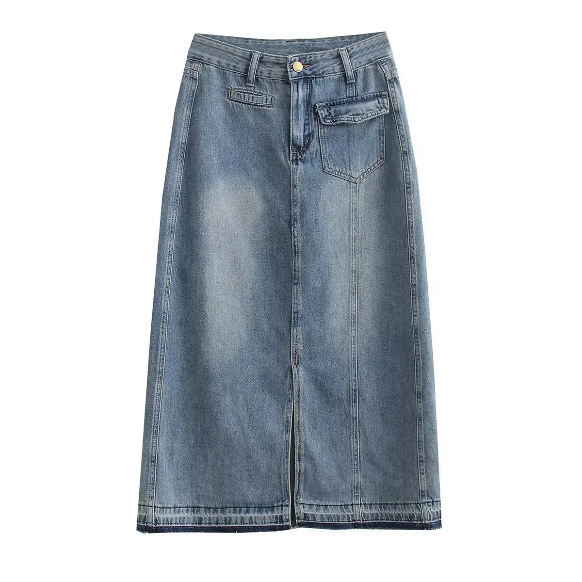Boho Denim Maxi Skirt – High Waist Button Front