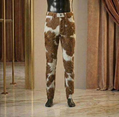 Brown white cowhide pants men western fit
