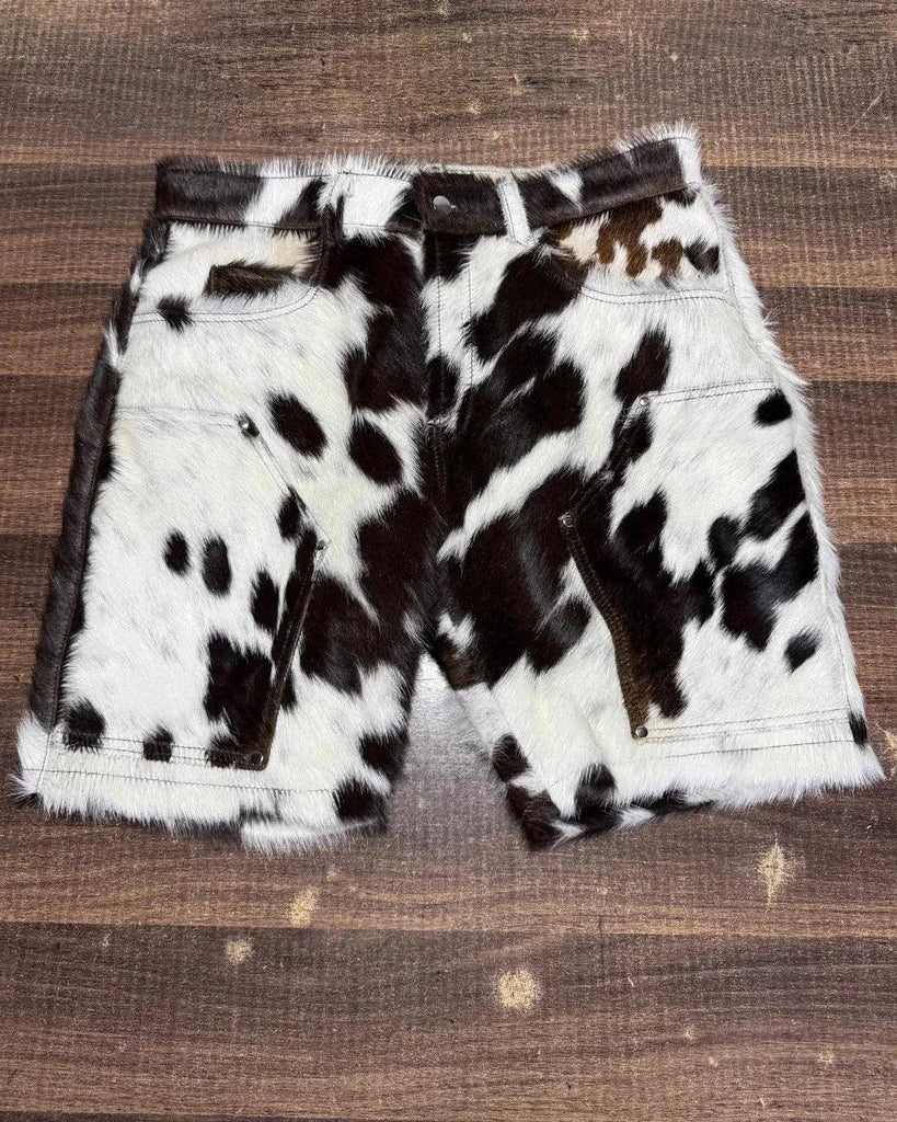 Cowhide shorts men tricolor hair on leather