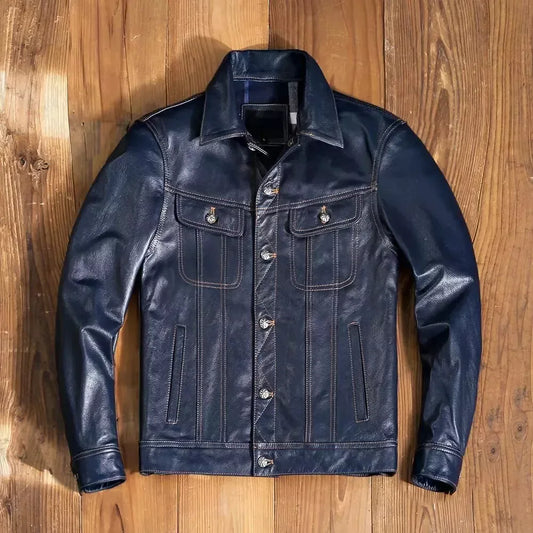 mens leather trucker jacket blue cowhide classic fit snap