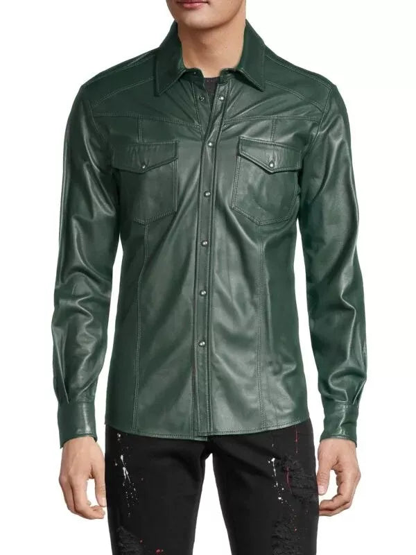 lightweight leather shirt mens snap button slim fit Green S