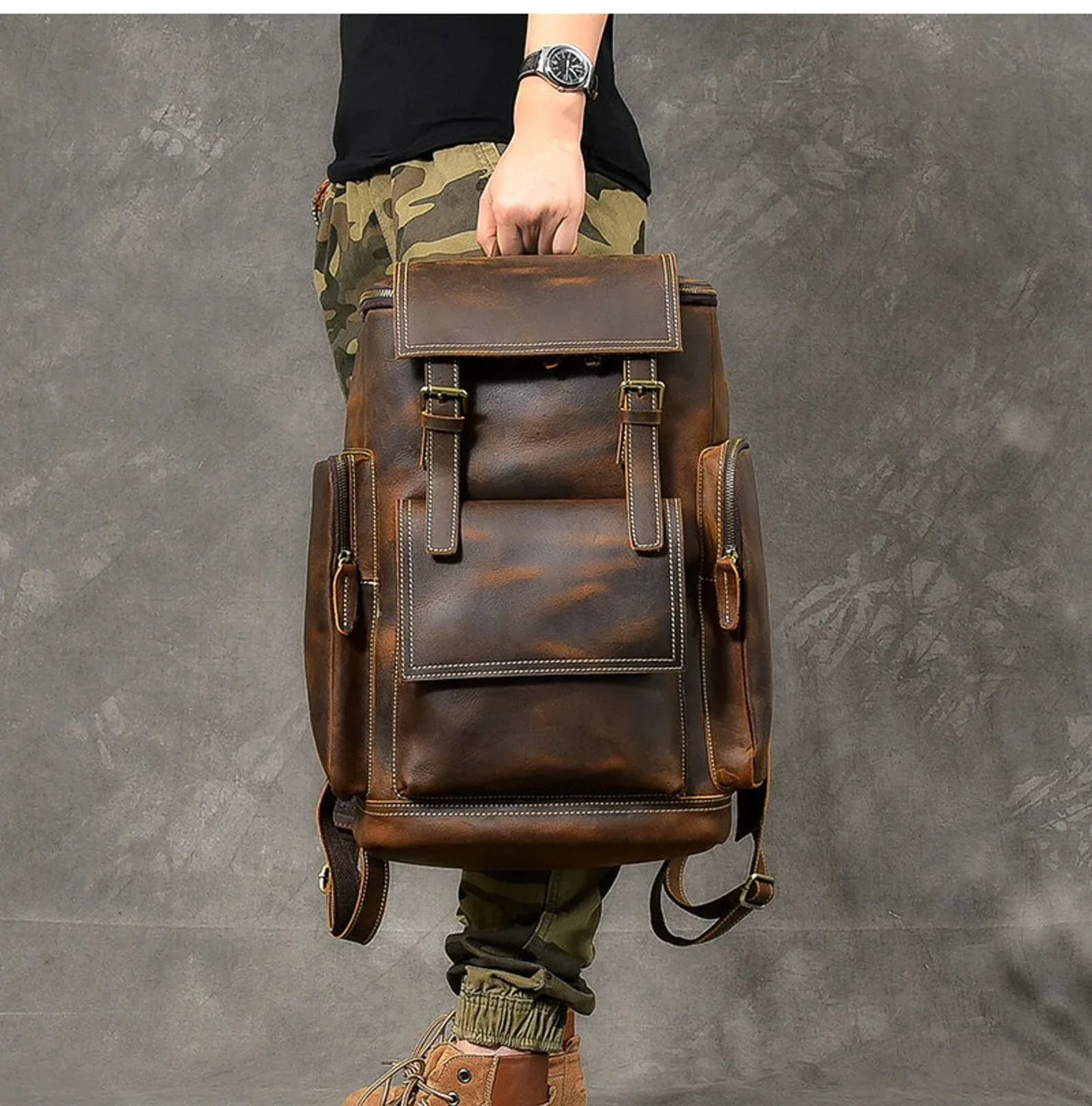 Large Brown Leather Backpack Men | Crazy Horse Laptop 15.6"