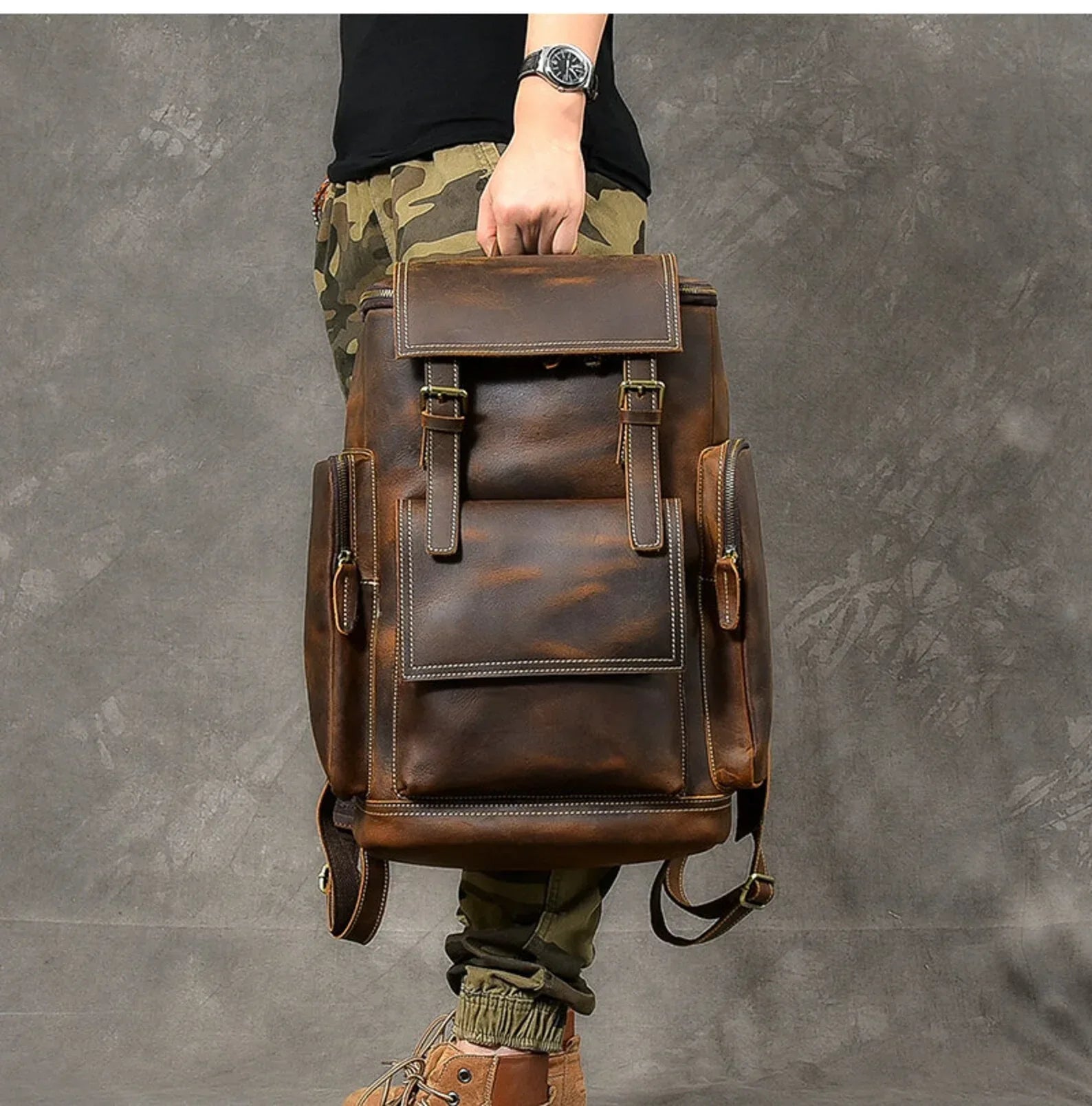 Large Brown Leather Backpack Men | Crazy Horse Laptop 15.6"